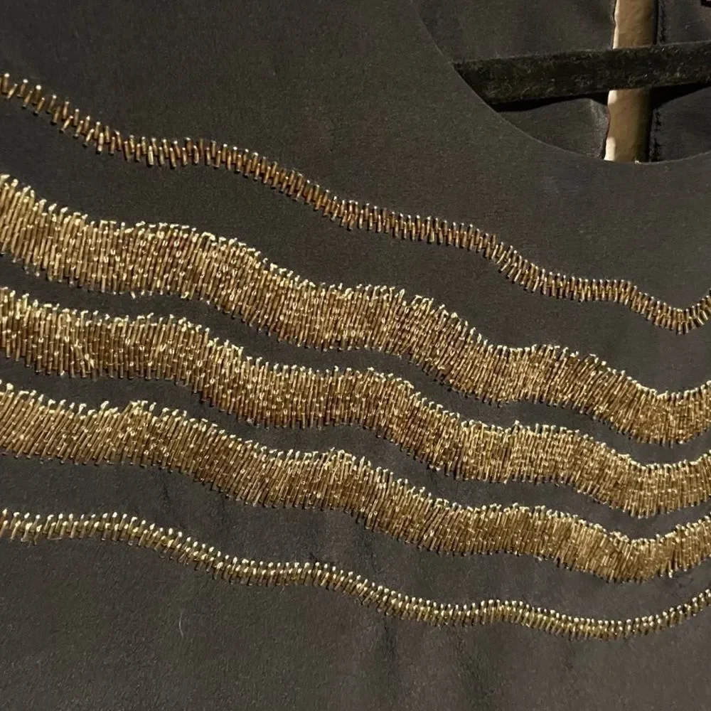 RUNGOLEE- Women’s Black Silk Blouse w Gold Beaded Design, Size Small - Picture 4 of 9